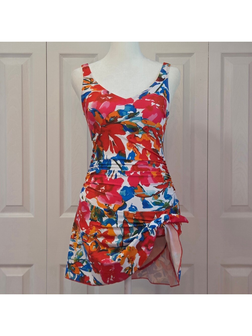 Red Tropical Watercolor Floral One Piece Swimsuit w/ Sarong Skirt XS Y2K Beach